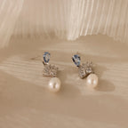 Diamond Aquamarine Pearl Drop Earrings Silver 18K Gold Plated