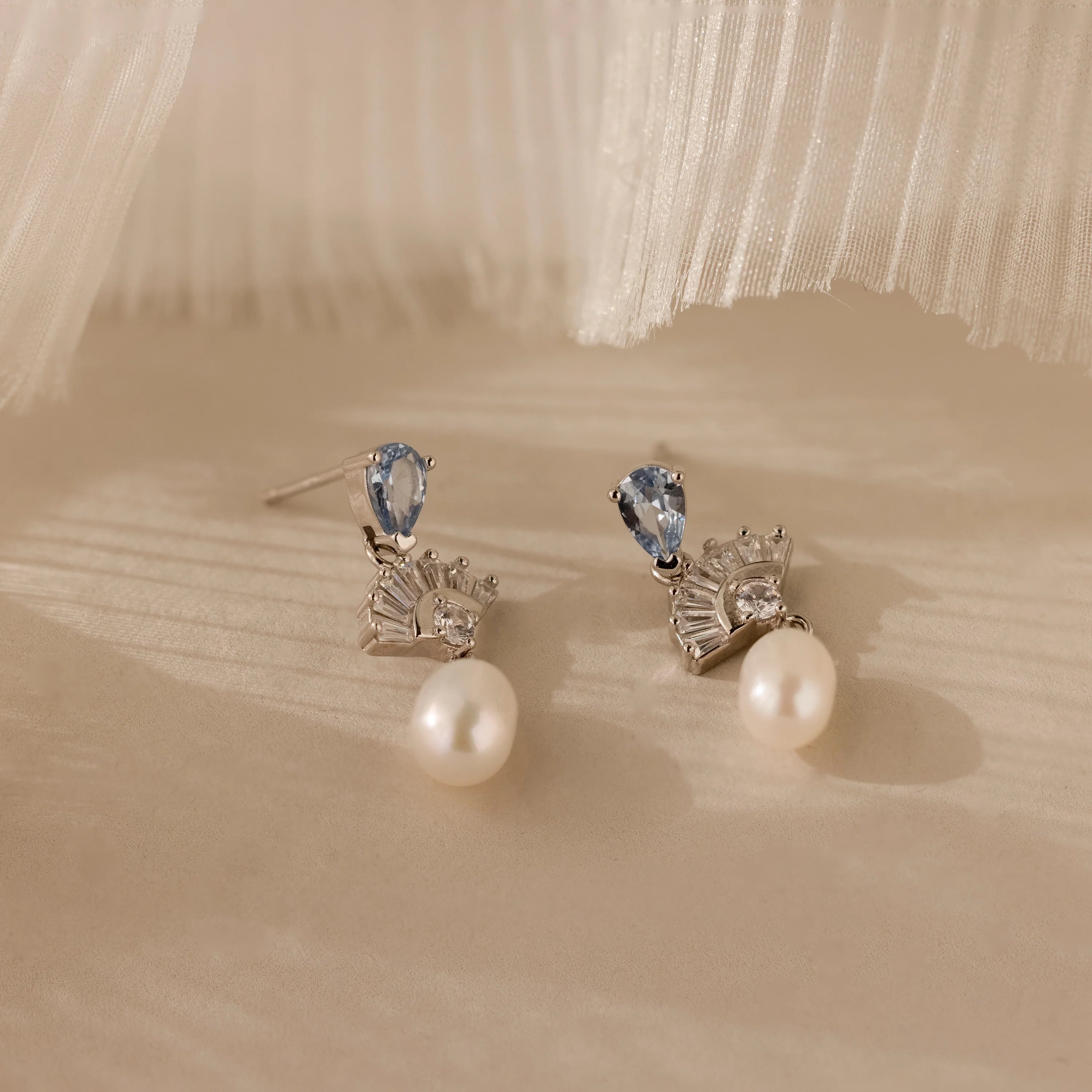 Diamond Aquamarine Pearl Drop Earrings Silver 18K Gold Plated