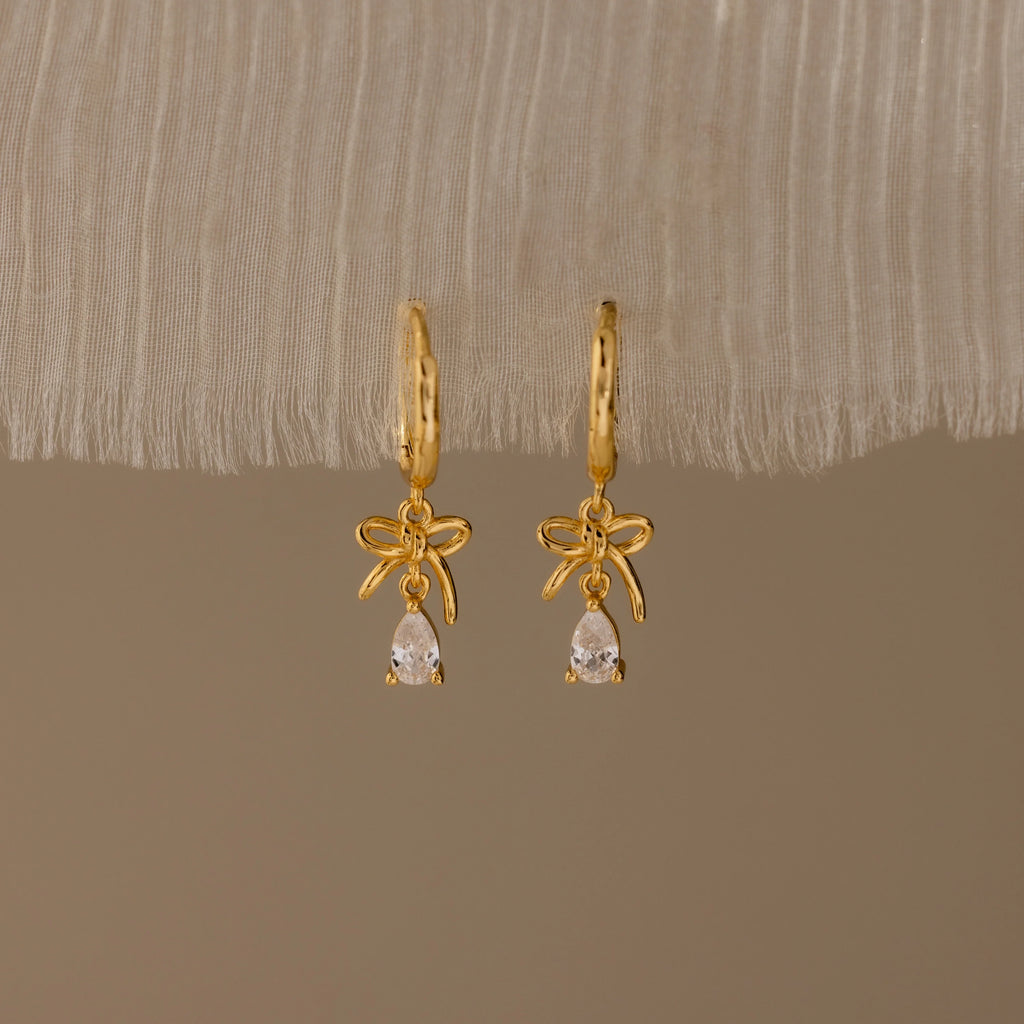 Diamond Teardrop Bow Charm Hoops Silver 18K Gold Plated