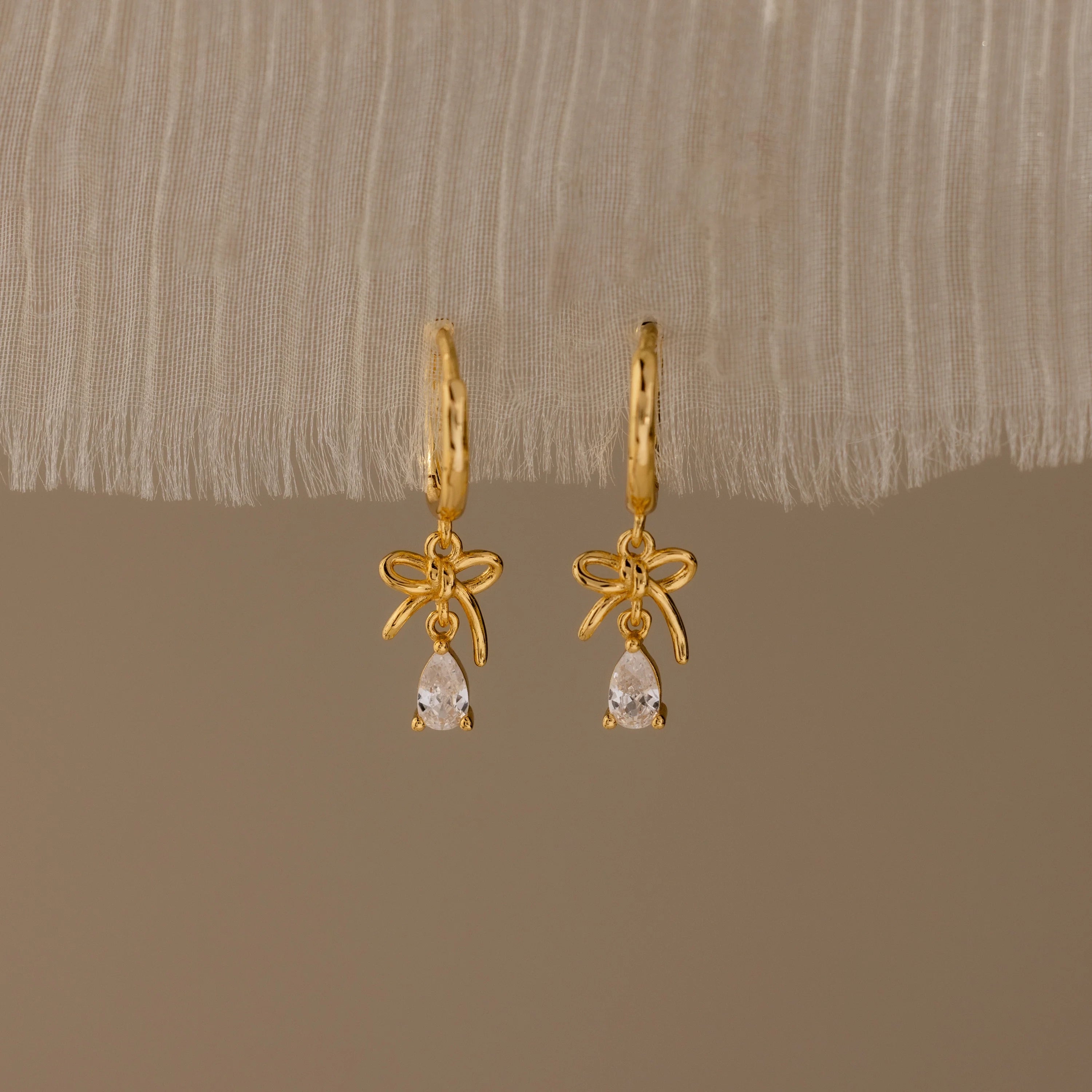 Diamond Teardrop Bow Charm Hoops Silver 18K Gold Plated