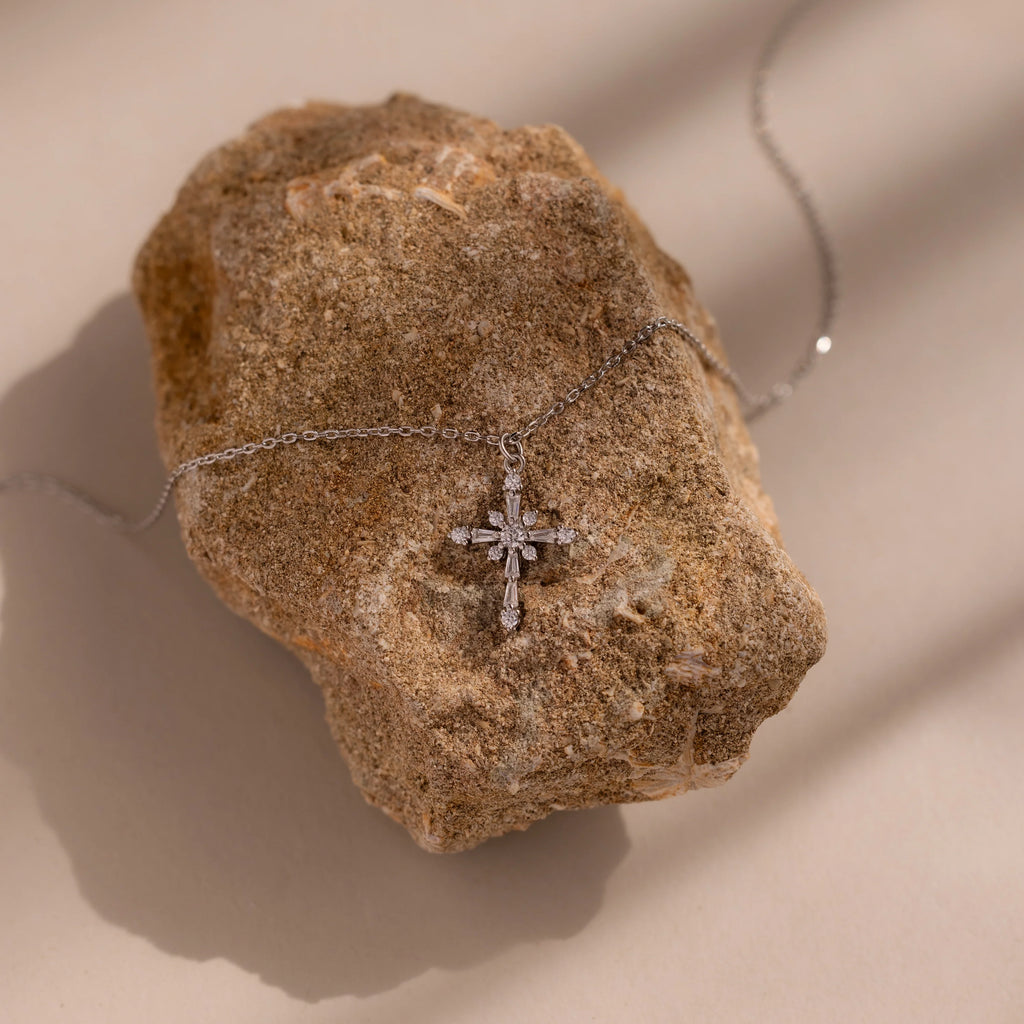 Vintage Diamond Cross Necklace Silver 18K Gold Plated