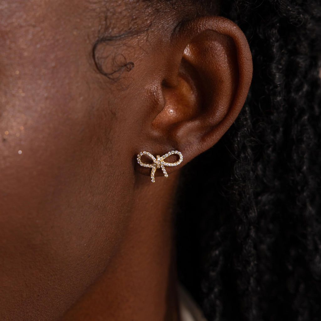 Pave Bow Studs Silver 18K Gold Plated