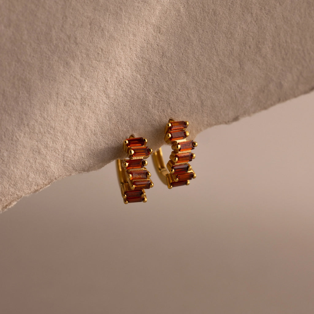 Baguette Cut Garnet Huggies Silver 18K Gold Plated