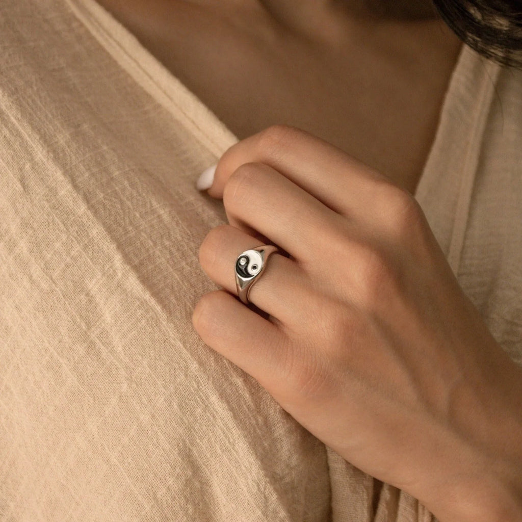 Yin Yang Signet Ring Silver 18K Gold Plated