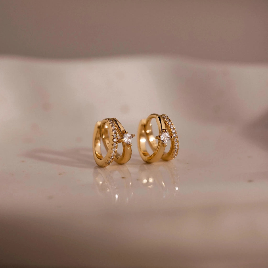 Pave Diamond Duo Huggies Silver 18K Gold Plated