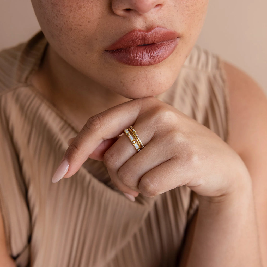 Pave Opal Ring Set Silver 18K Gold Plated