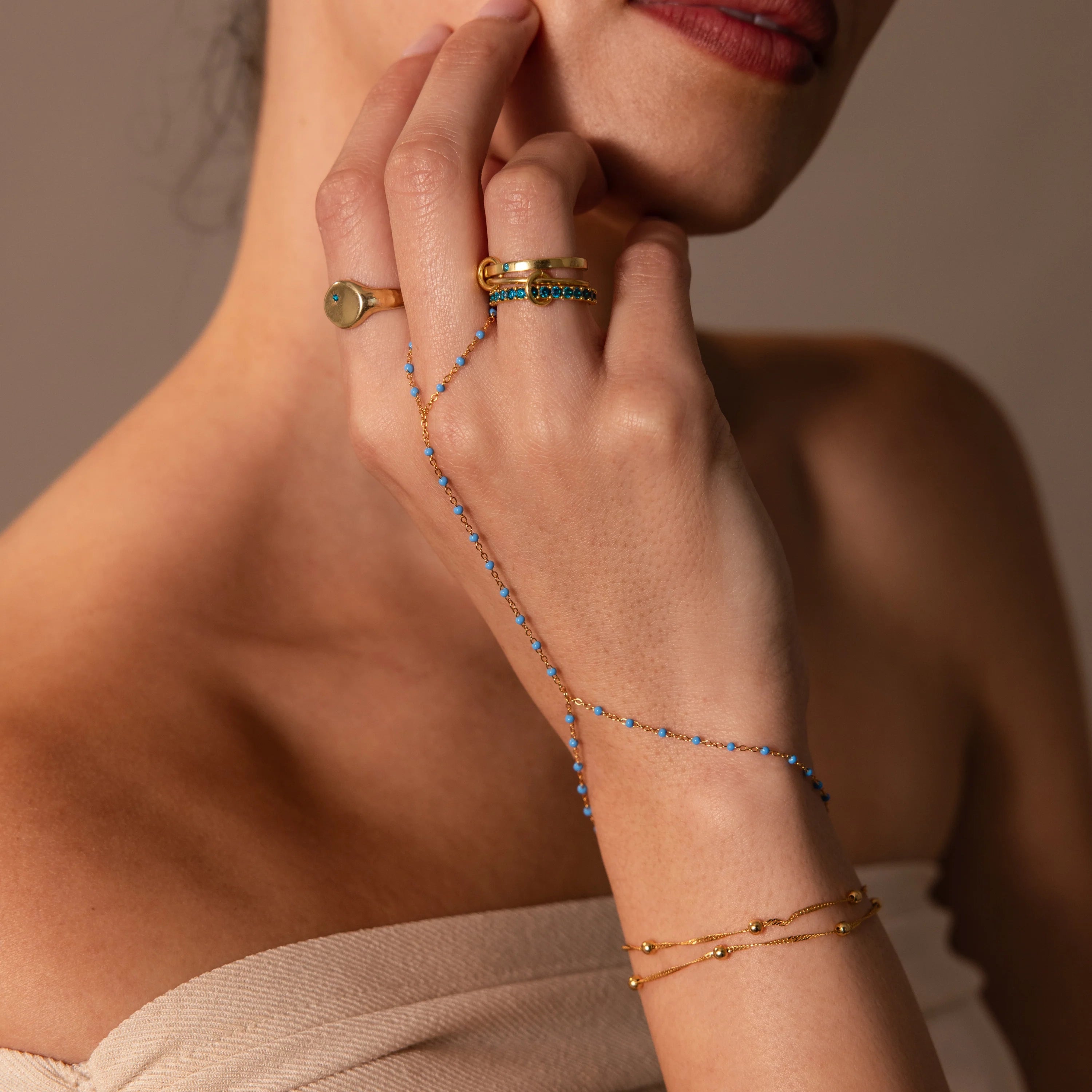 Turquoise Ocean Beaded Hand Chain Bracelet Silver 18K Gold Plated