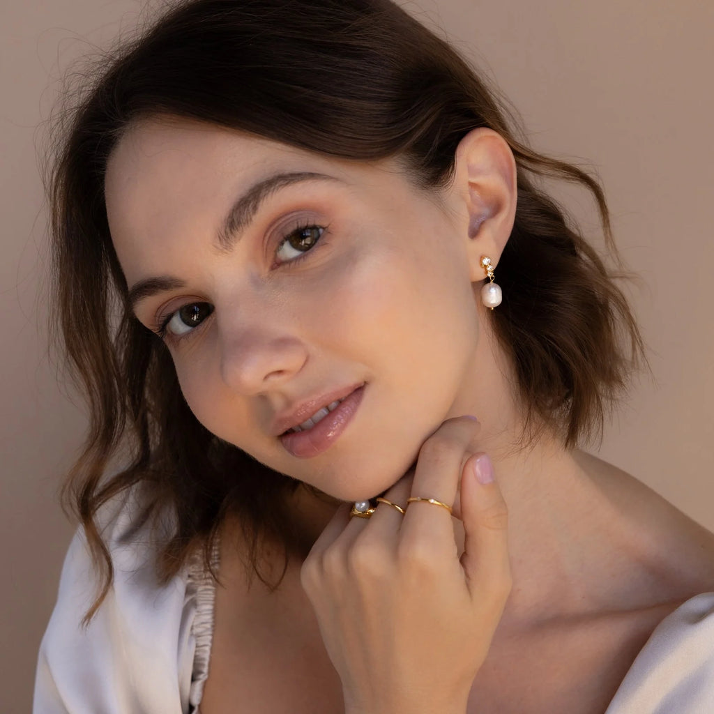 Diamond Pearl Drop Earrings Silver 18K Gold Plated