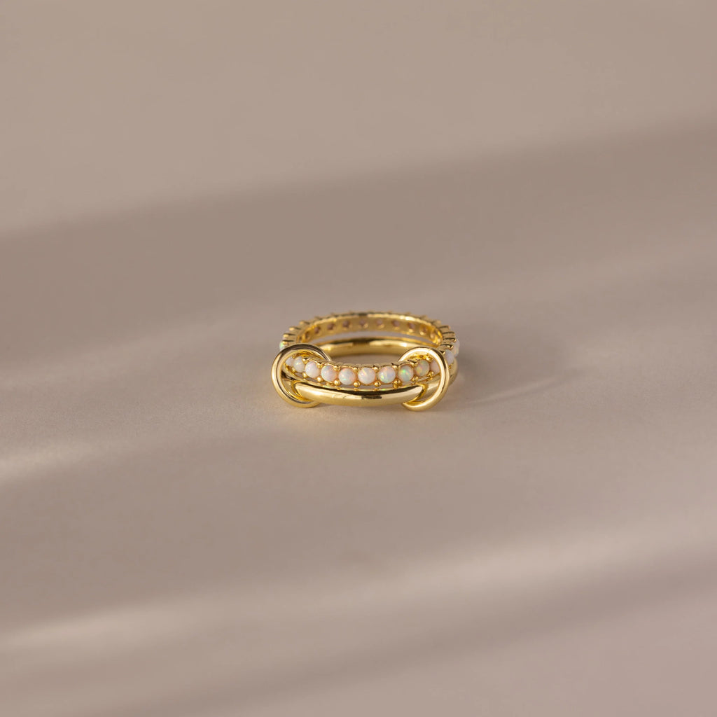 Opal Tennis Eternity Band Linked Ring Set Silver 18K Gold Plated
