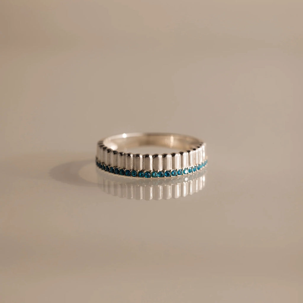 Blue Zircon Ribbed Stack Ring Silver 18K Gold Plated