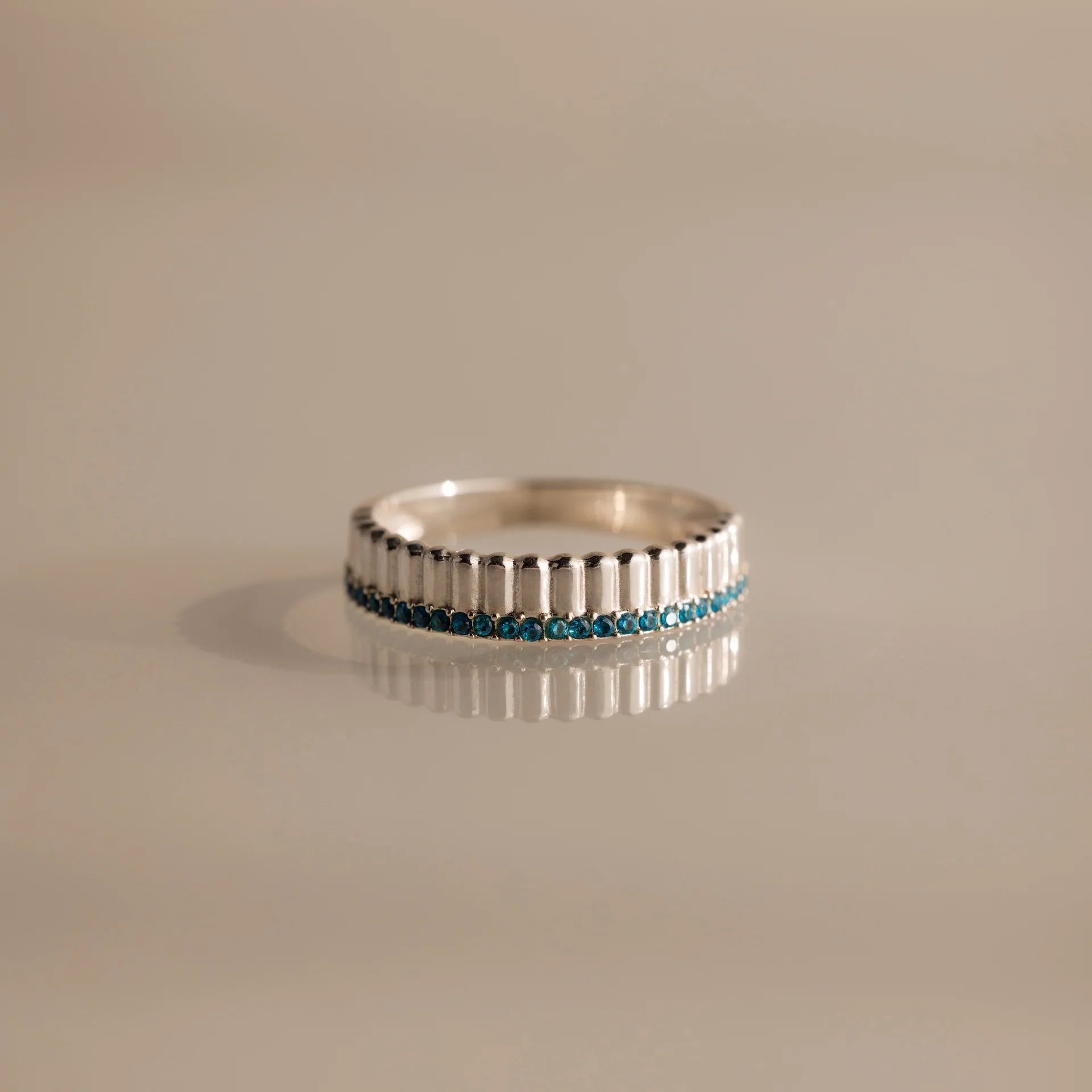 Blue Zircon Ribbed Stack Ring Silver 18K Gold Plated