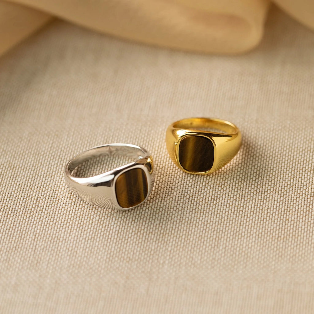 Faux Tiger's Eye Signet Ring Silver 18K Gold Plated