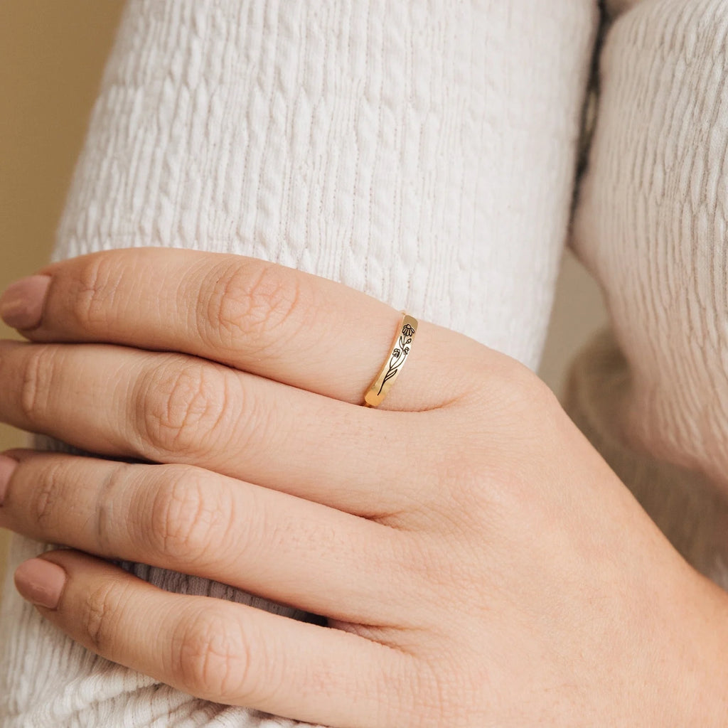 Birth Flower Bar Ring Silver 18K Gold Plated