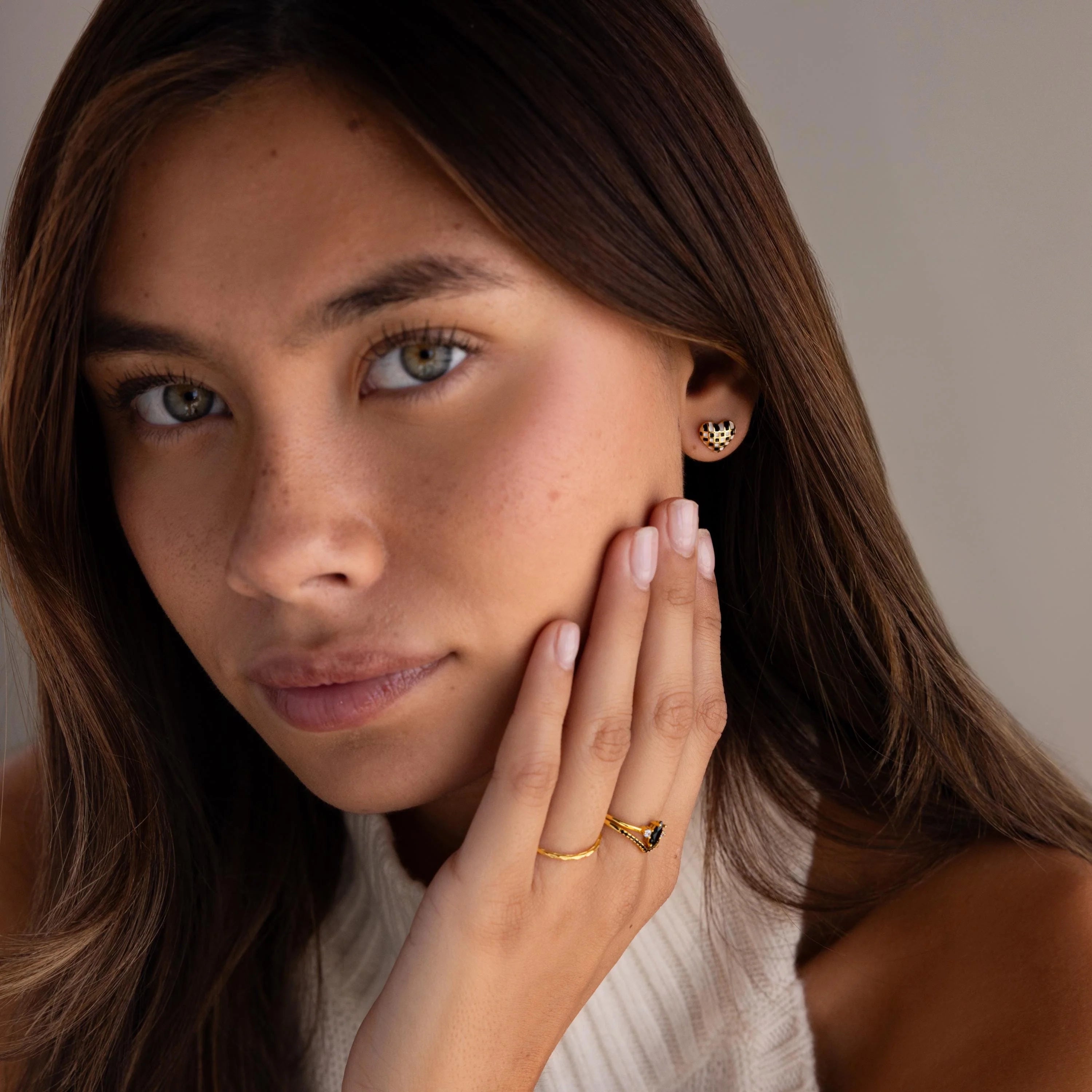 Enamel Covered Checkered Heart Studs Silver 18K Gold Plated