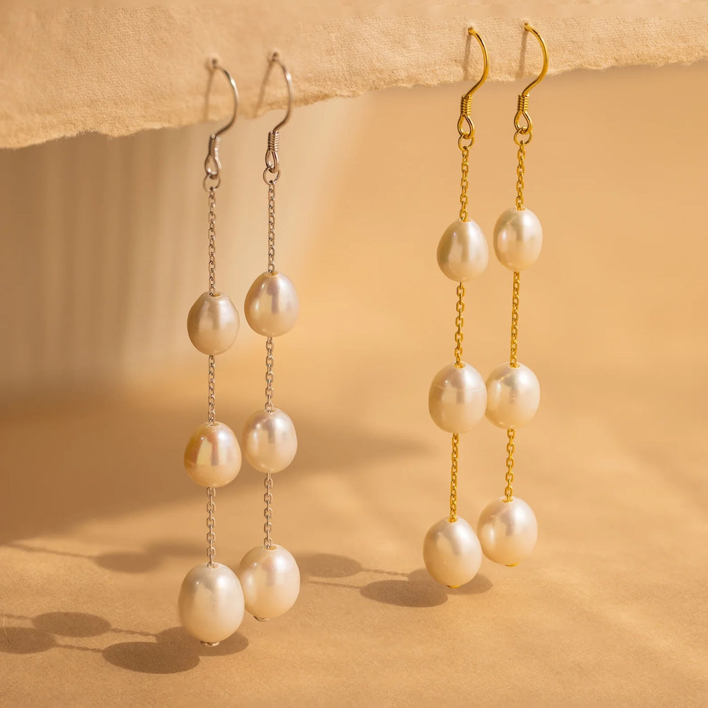 Long Pearl Dangle Earrings Silver 18K Gold Plated