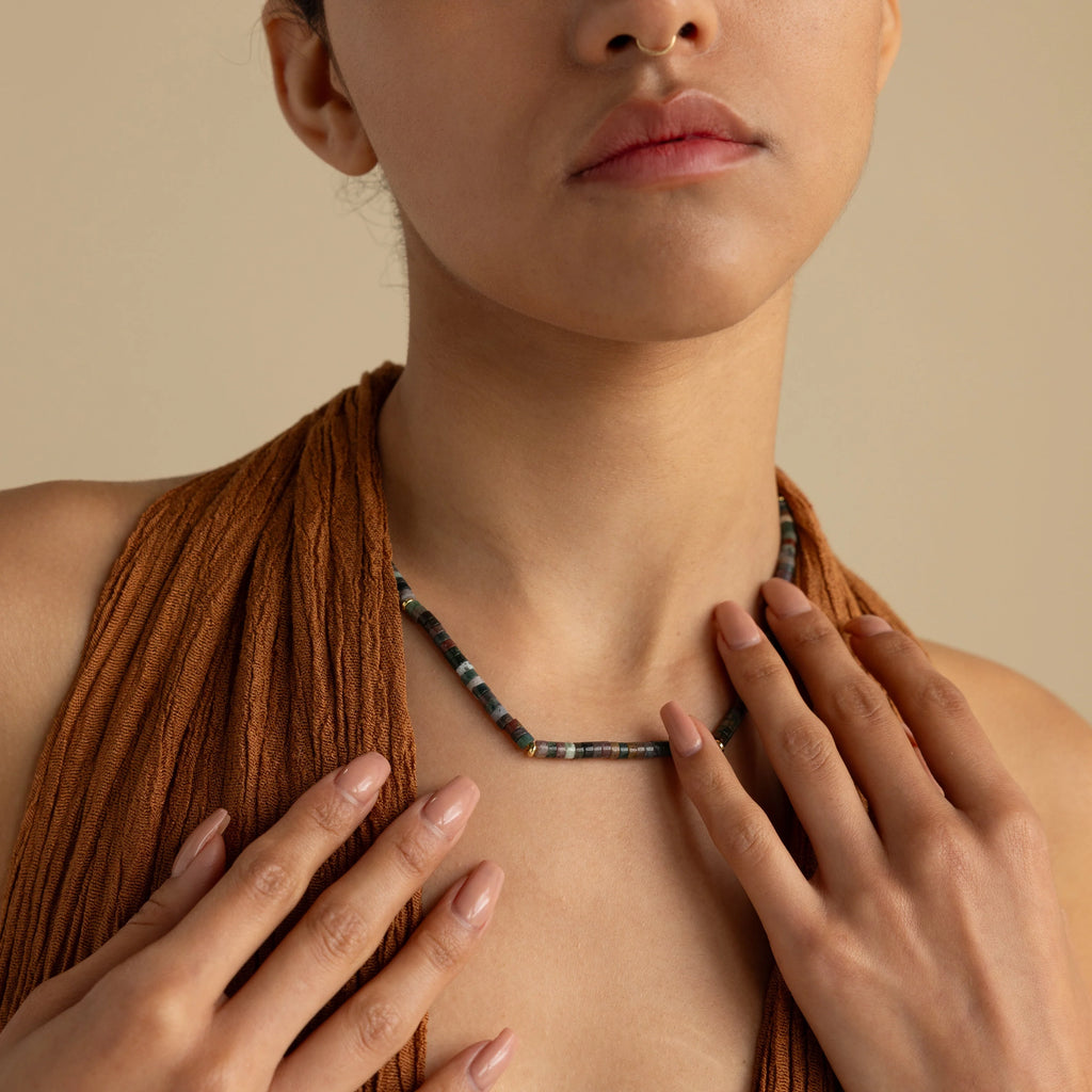 Moss Agate Beaded Necklace Silver 18K Gold Plated