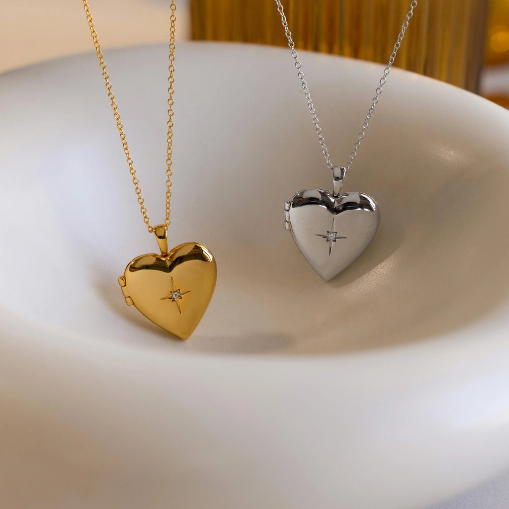 North Star Heart Locket Necklace Silver 18K Gold Plated