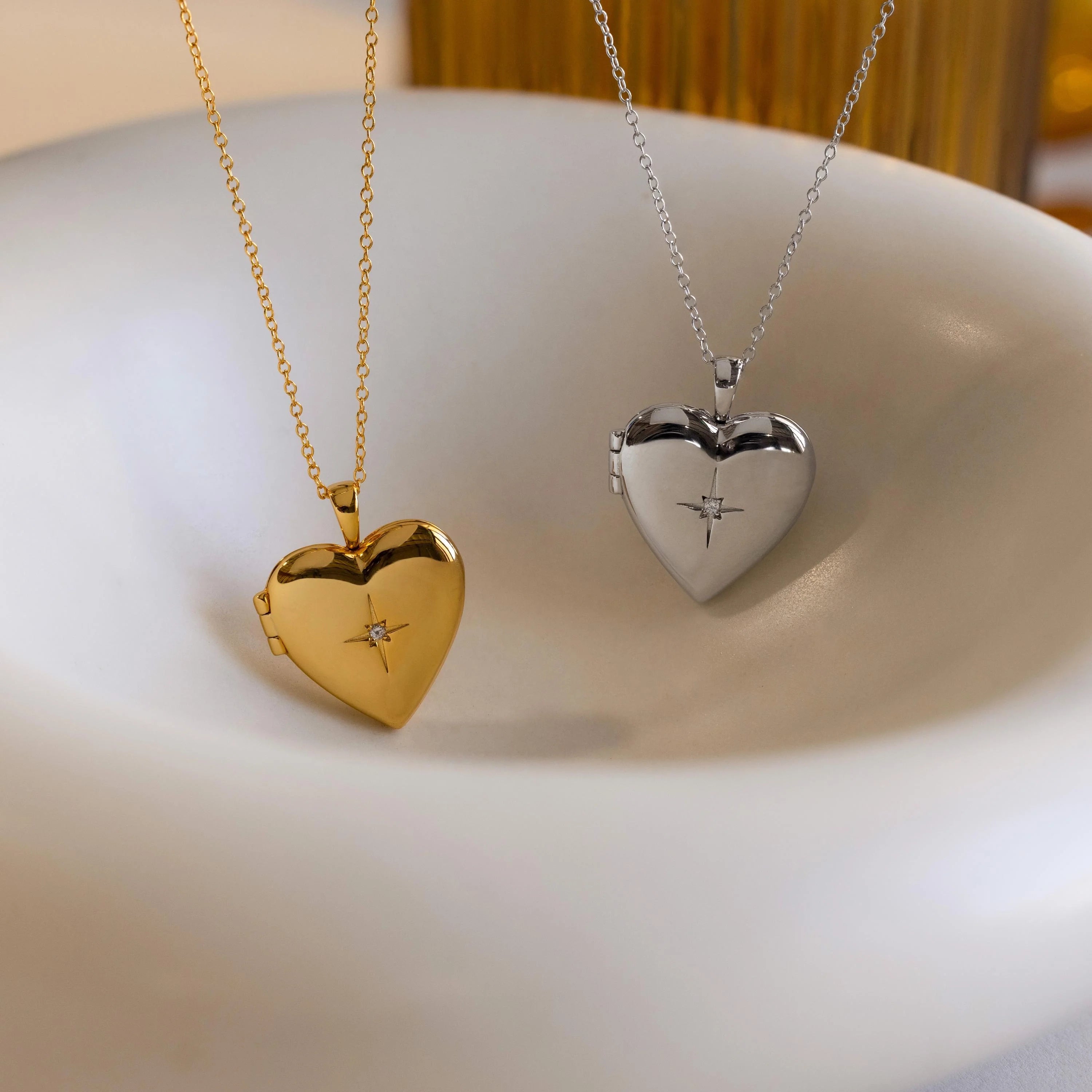North Star Heart Locket Necklace Silver 18K Gold Plated