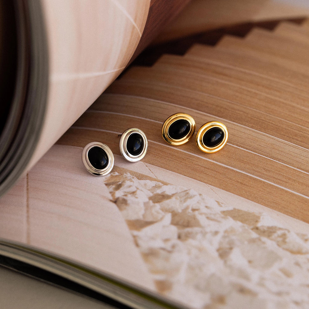 Vintage Oval Black Studs Silver 18K Gold Plated