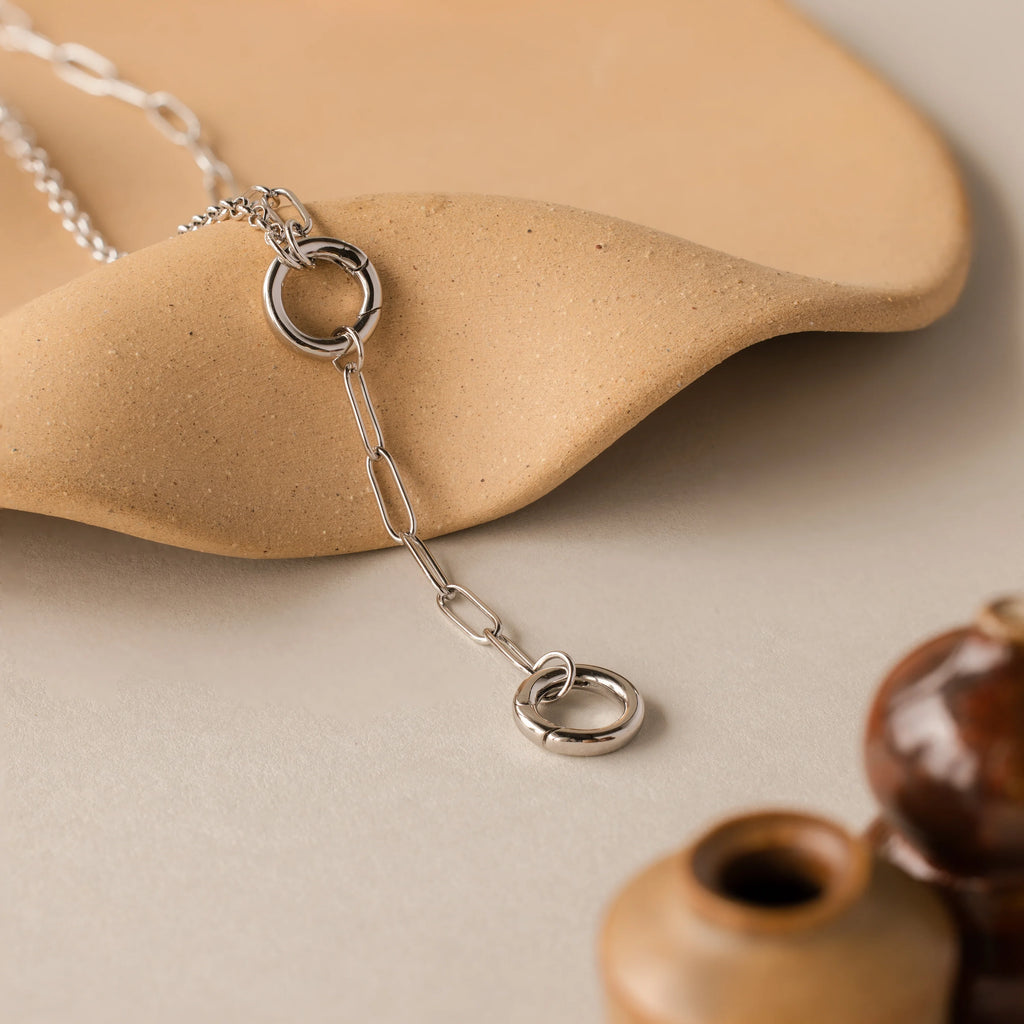 Rolo Lariat Paperclip Clasp Necklace Silver 18K Gold Plated