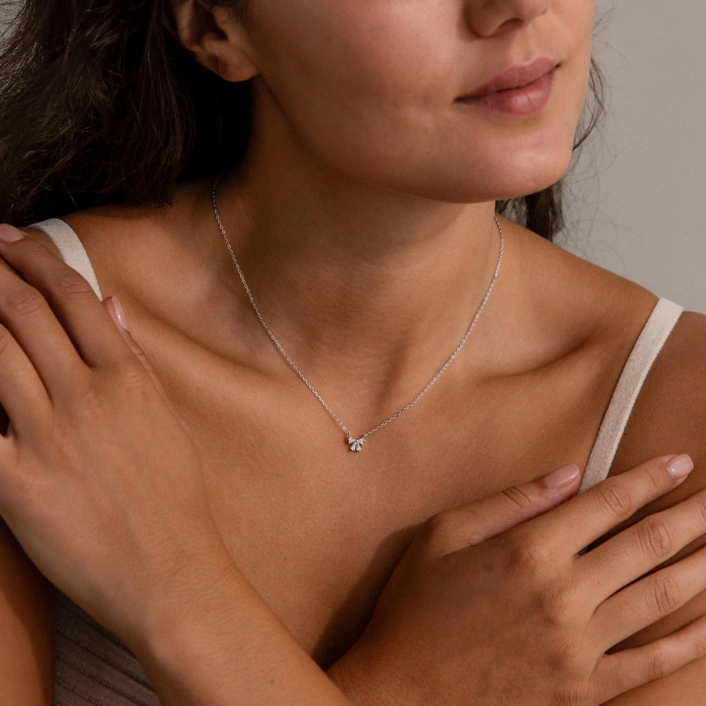 Diamond Bow Necklace & Earrings Set Silver 18K Gold Plated