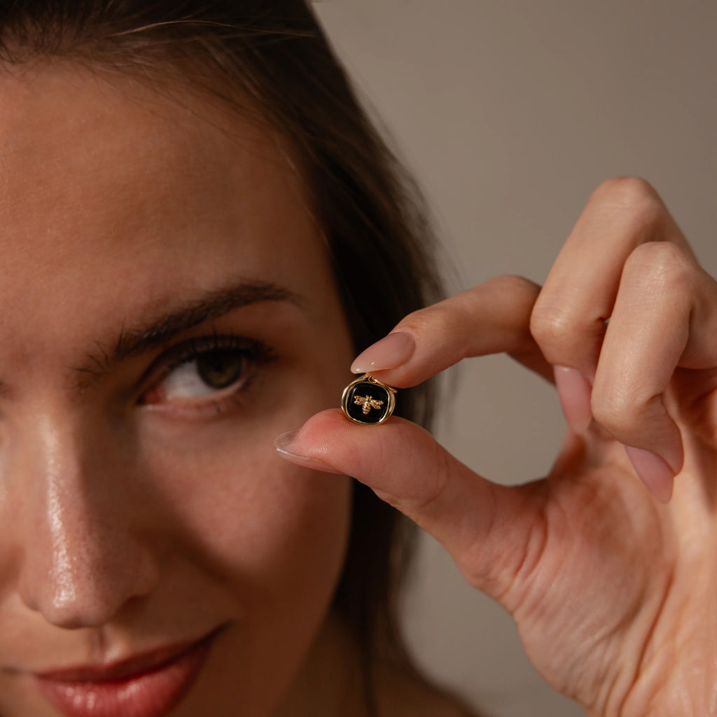 Onyx Honeybee Charm Silver 18K Gold Plated