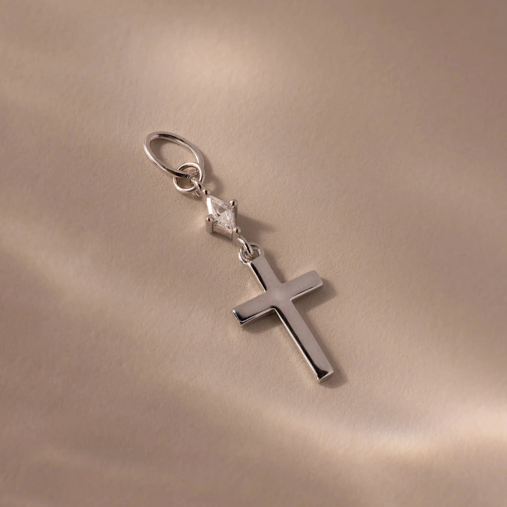 Diamond Drop Cross Charm Silver 18K Gold Plated