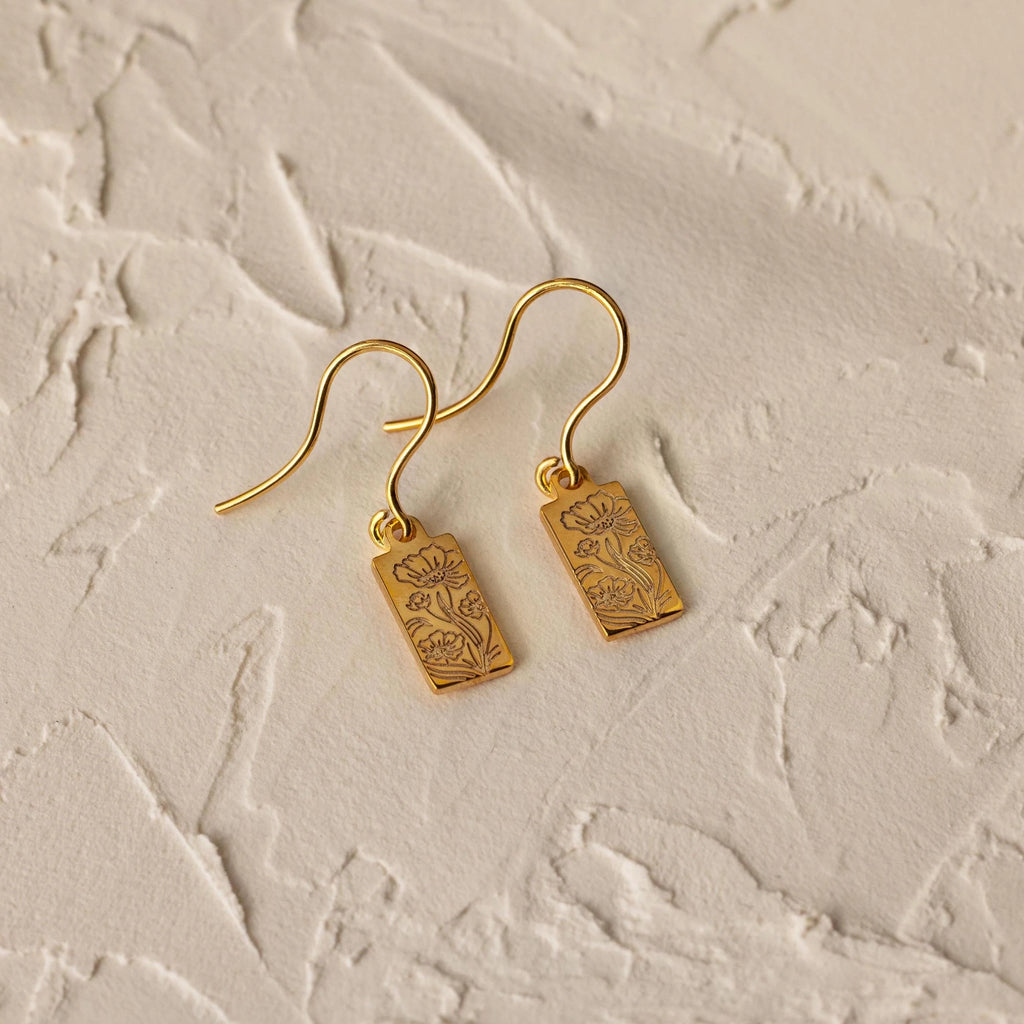 Rectangle Birth Flower Earrings Silver 18K Gold Plated