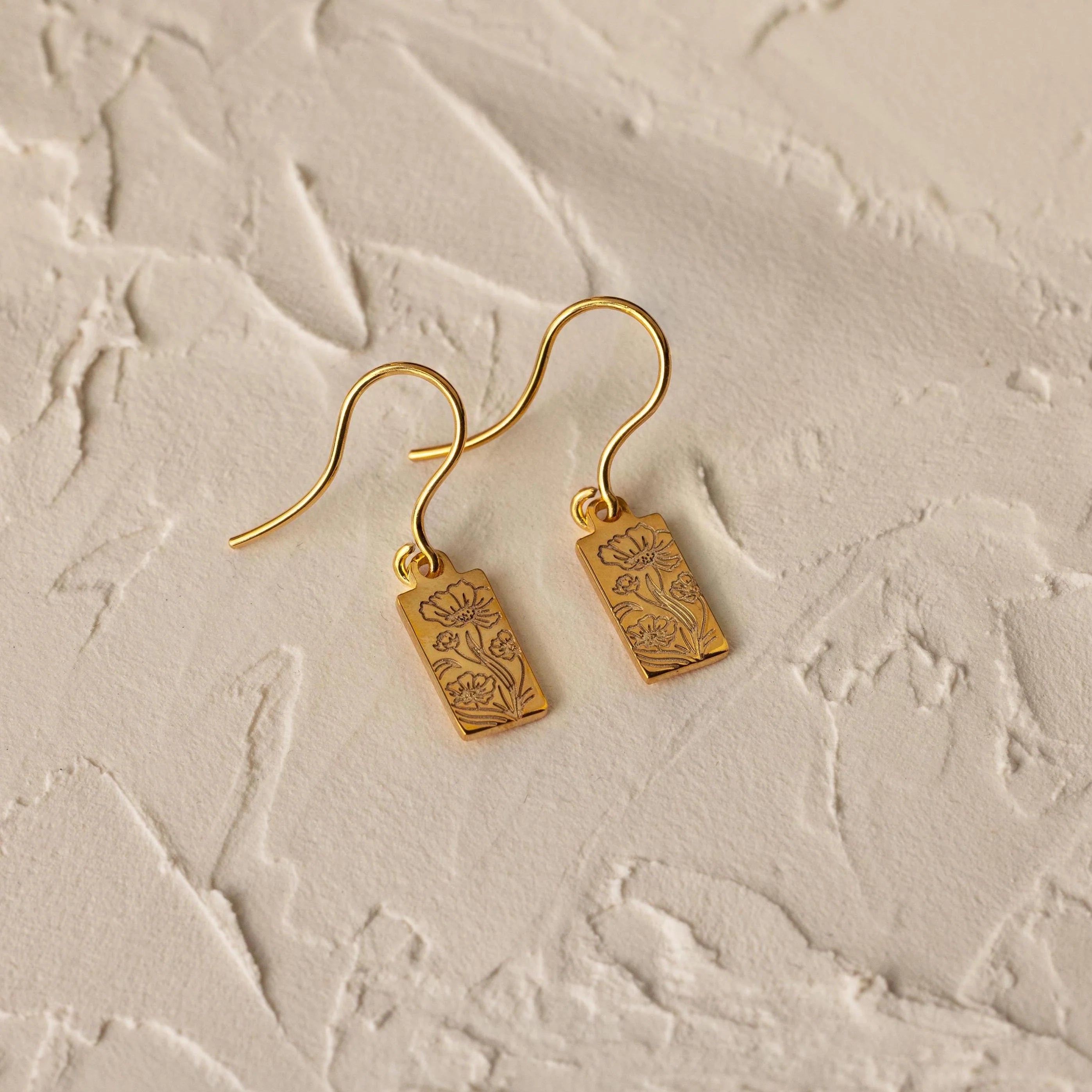 Rectangle Birth Flower Earrings Silver 18K Gold Plated