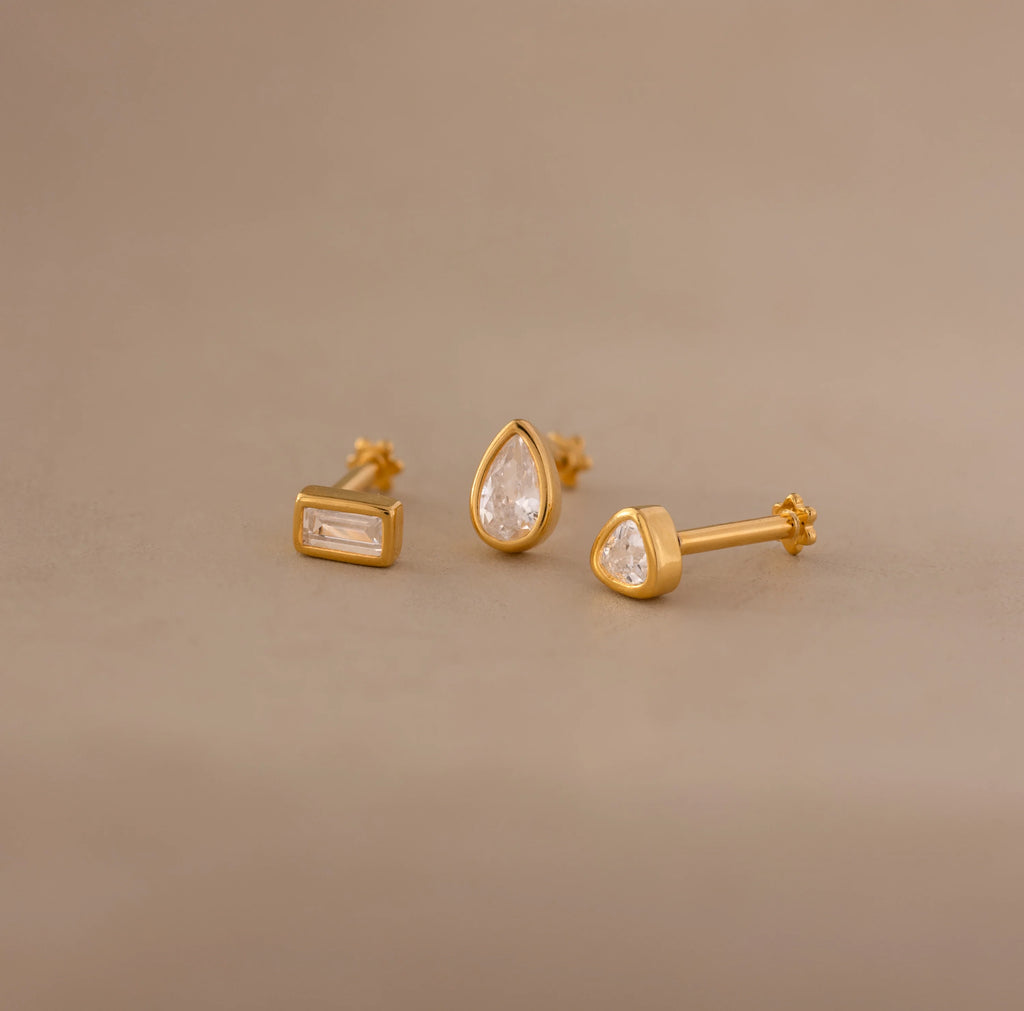 Diamond Bezel Flatback Studs Set Silver 18K Gold Plated