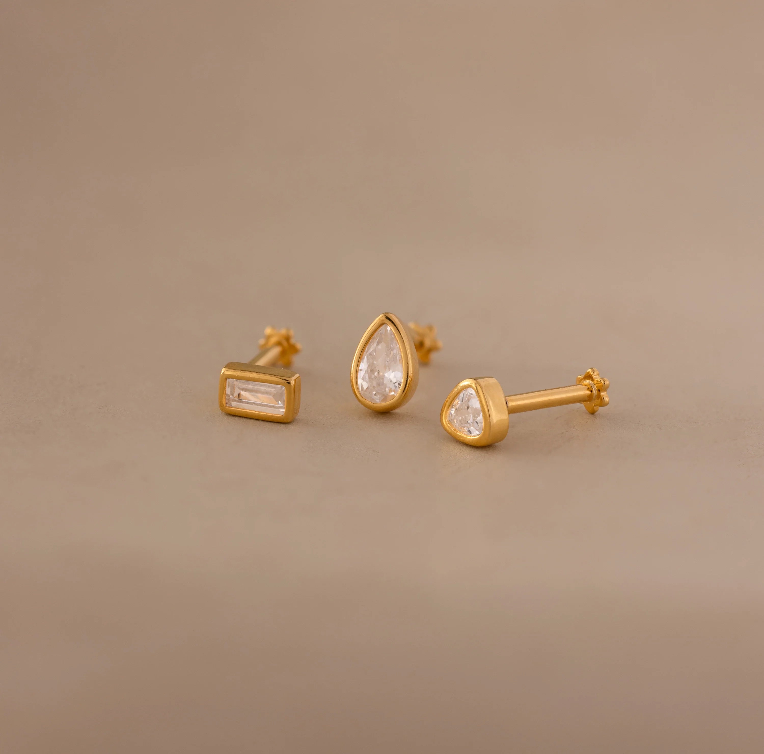 Diamond Bezel Flatback Studs Set Silver 18K Gold Plated