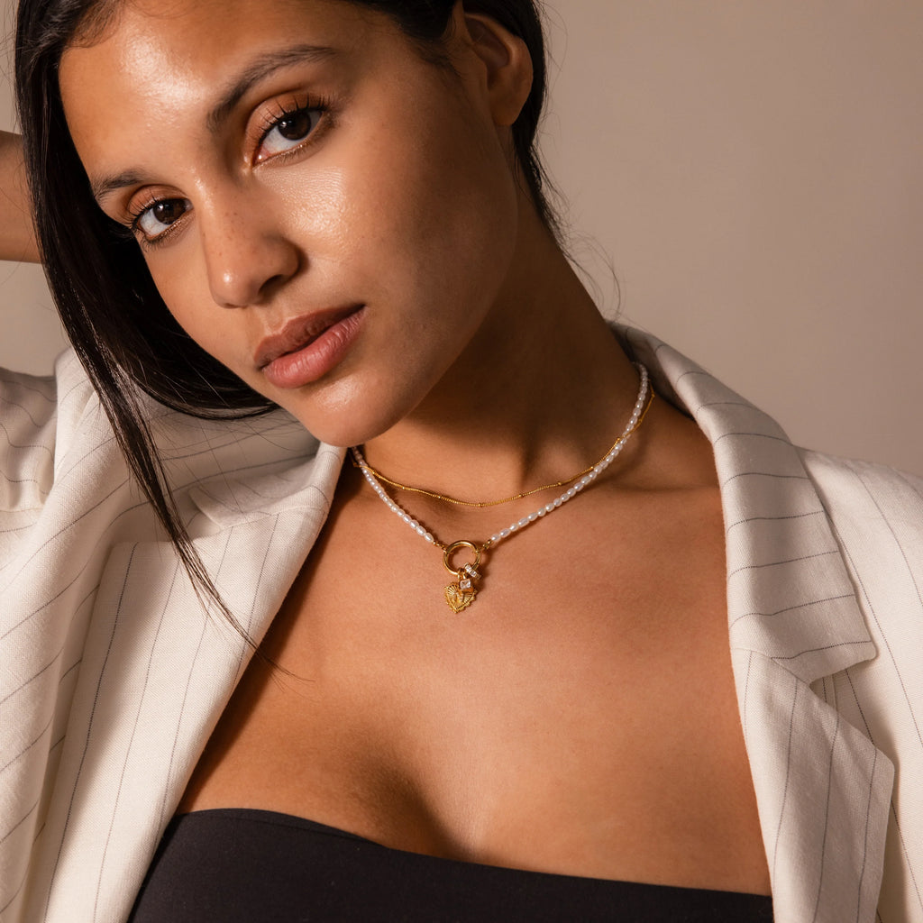 Pearl Chain Clasp Necklace Silver 18K Gold Plated