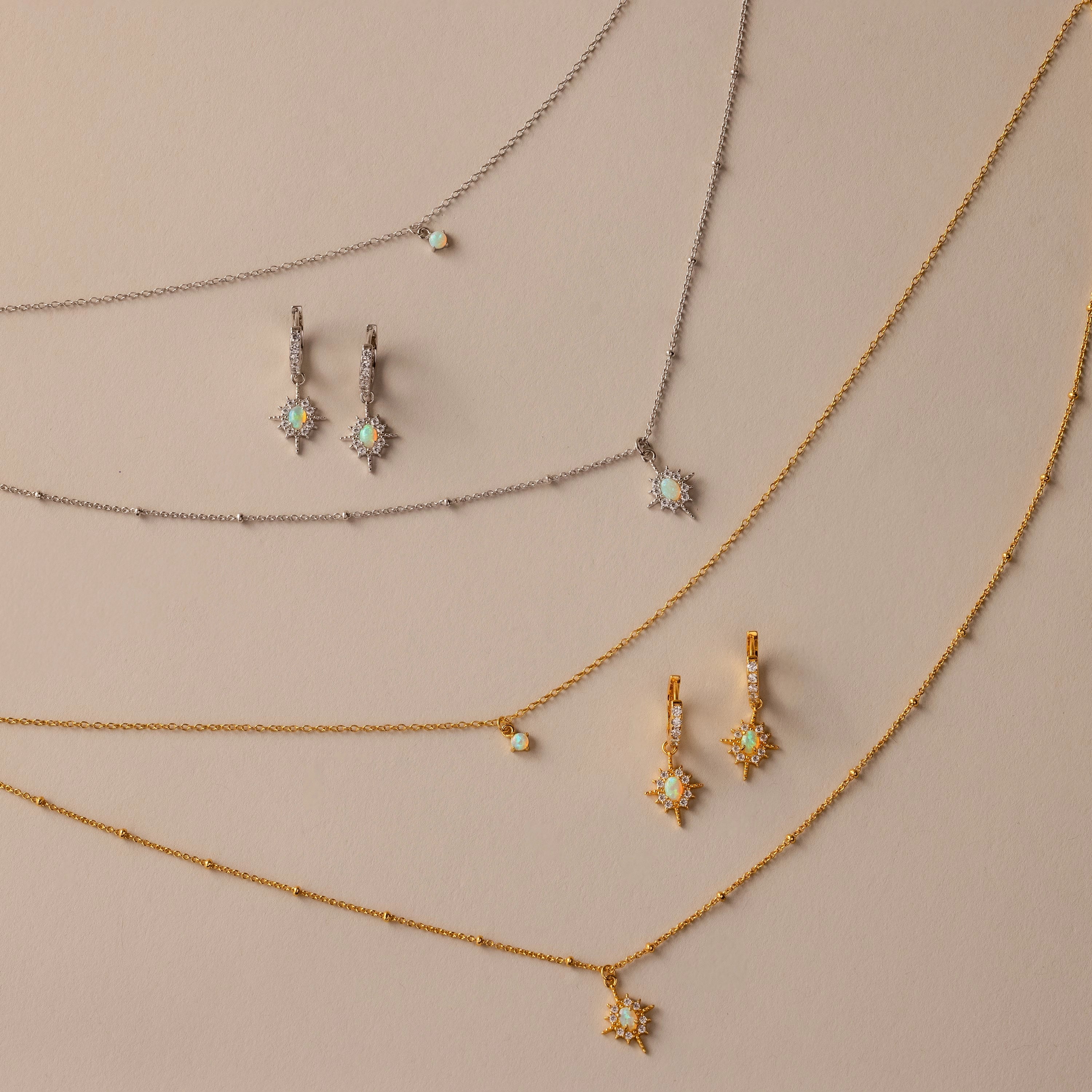Opal Star Charm Necklace & Earrings Set Silver 18K Gold Plated