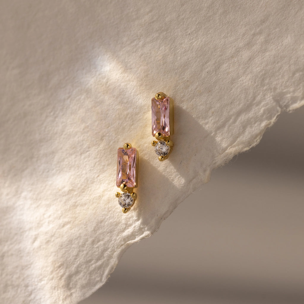 Diamond Baguette Birthstone Drop Studs Silver 18K Gold Plated
