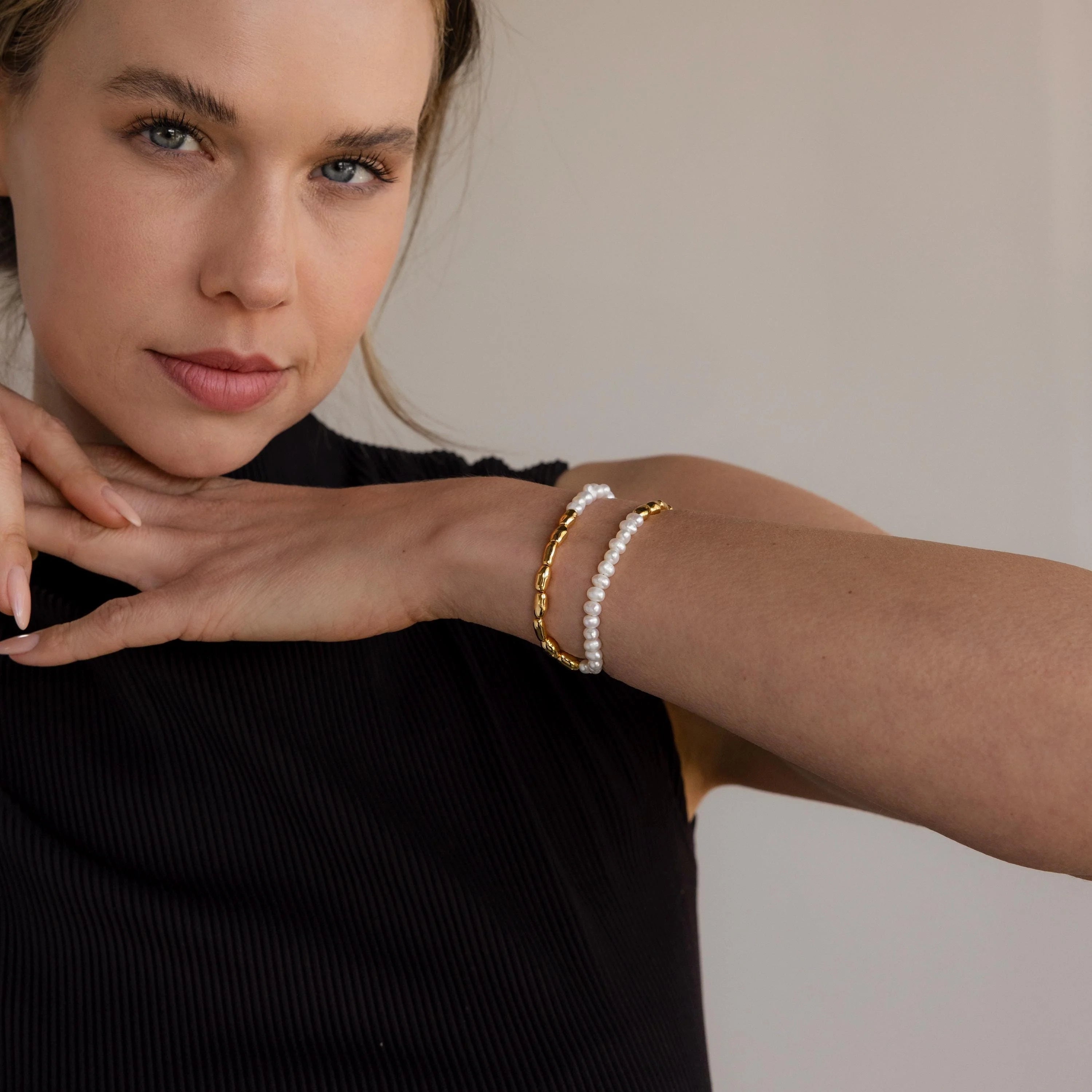 Duo Beaded Pearl Bracelet Silver 18K Gold Plated
