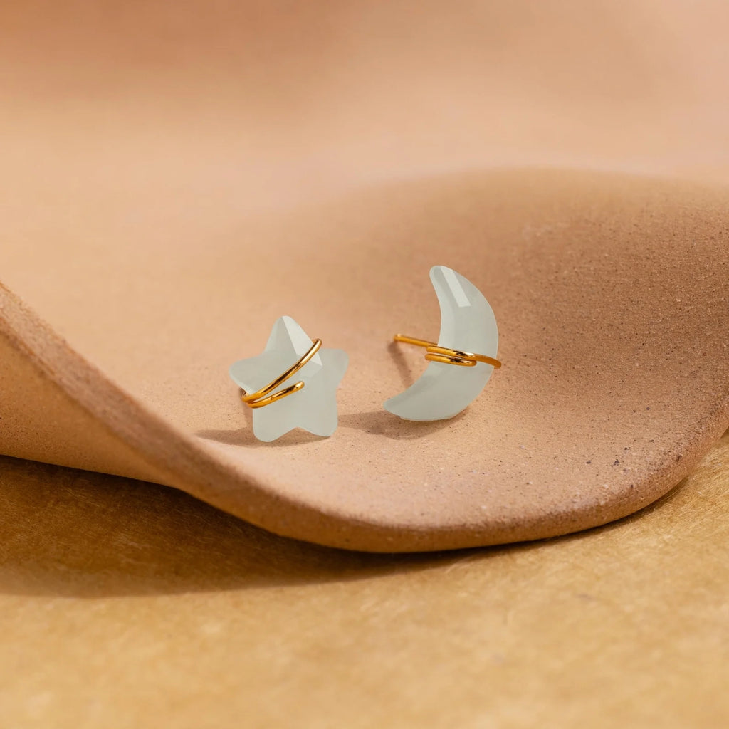 Aquamarine Moon & Star Studs Silver 18K Gold Plated