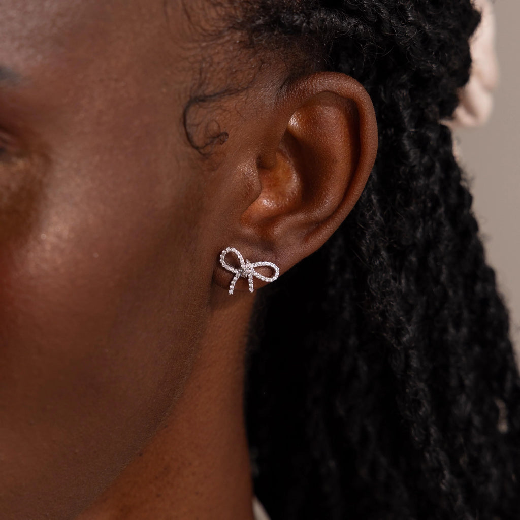Pave Bow Studs Silver 18K Gold Plated