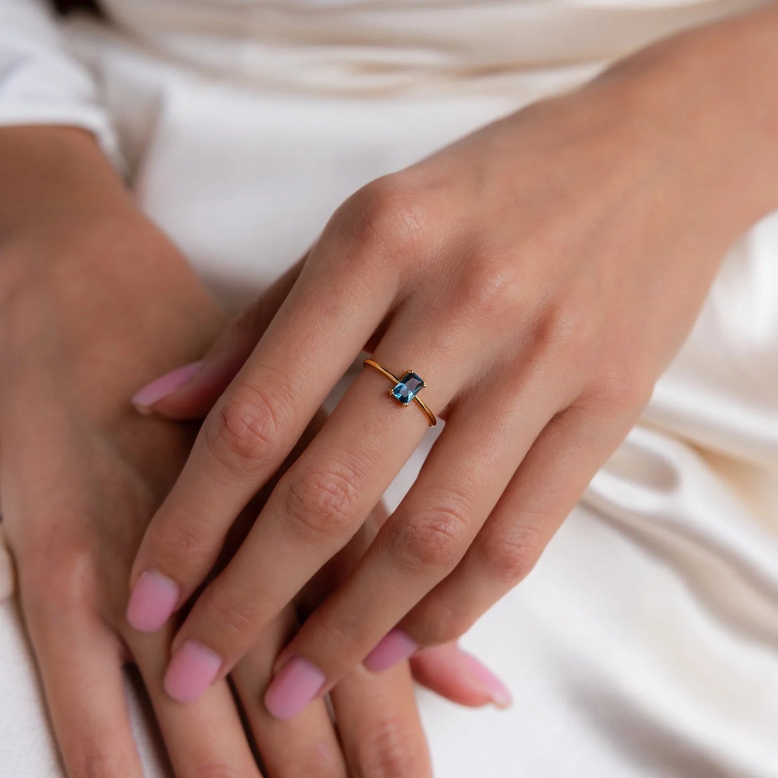 Blue Topaz Emerald Ring Silver 18K Gold Plated