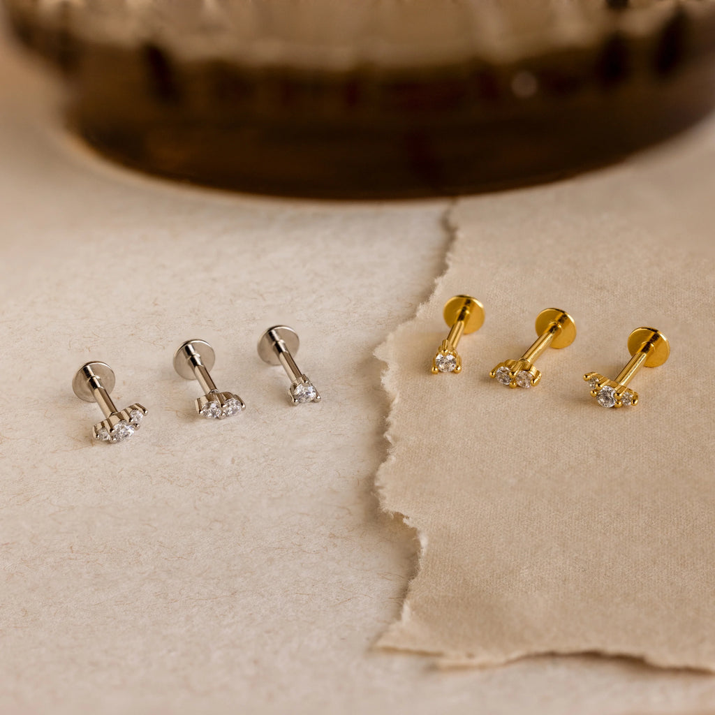 Diamond Flatback Studs Set Silver 18K Gold Plated