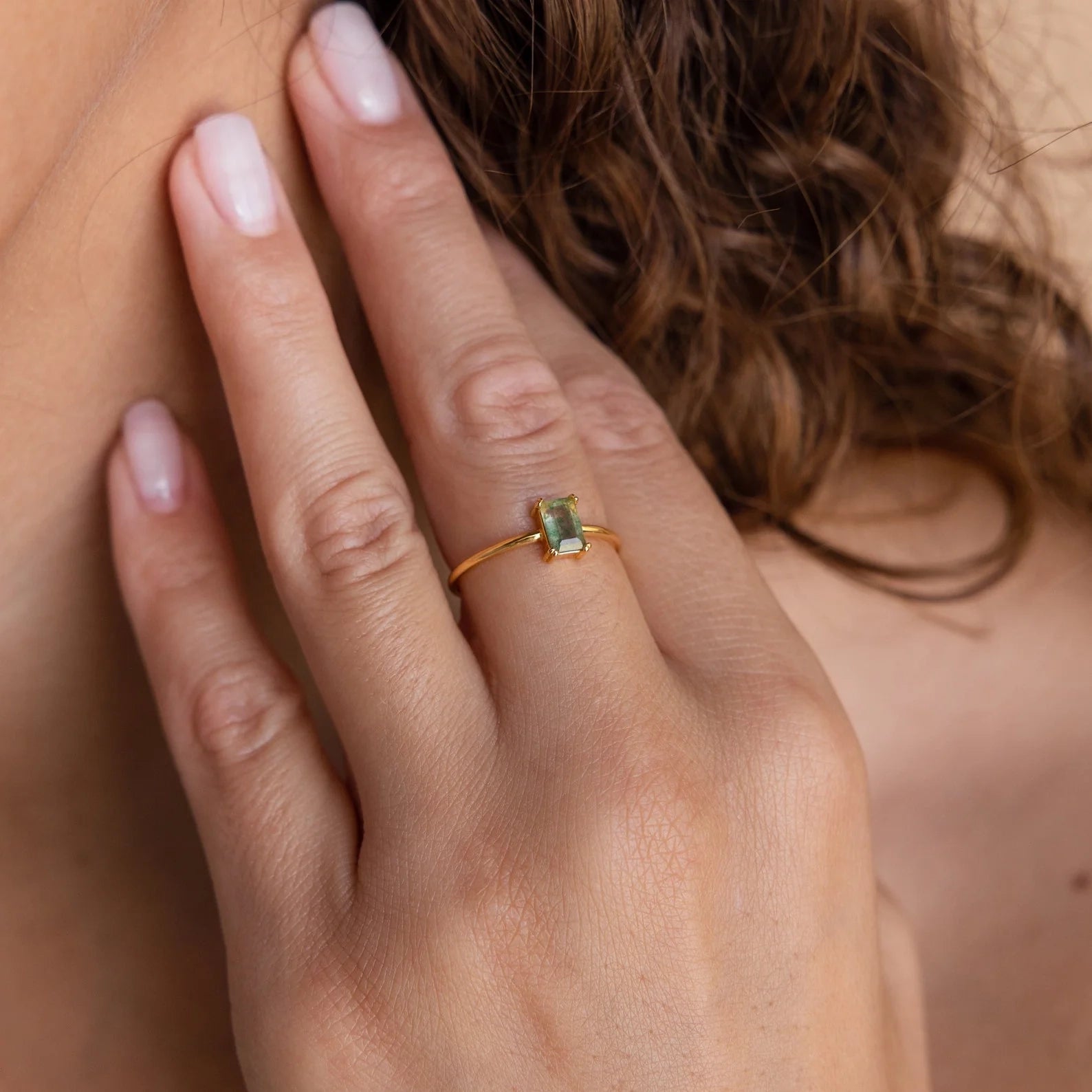 Agate Emerald Ring Silver 18K Gold Plated