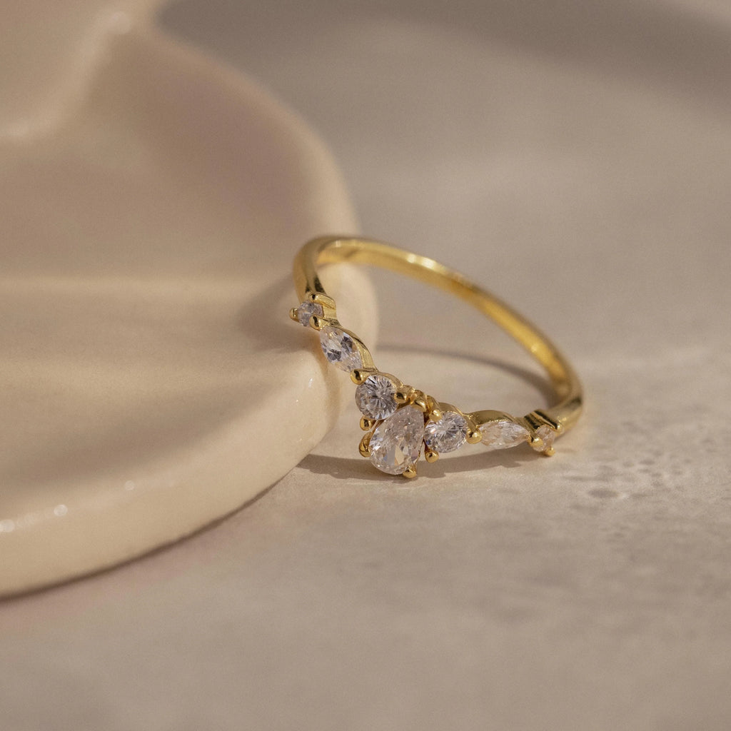 Pear & Marquise Diamond Curve Ring Silver 18K Gold Plated