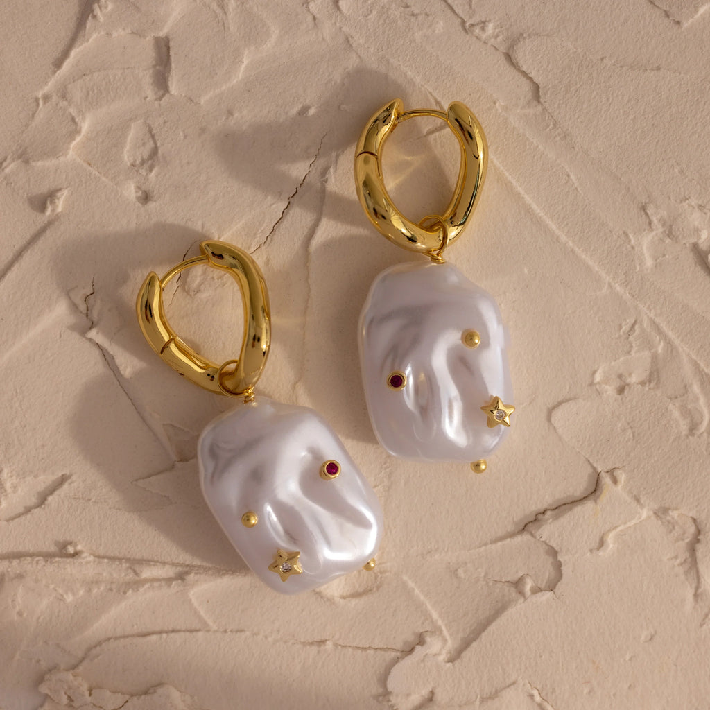 Celestial Baroque Pearl Charm Hoops Silver 18K Gold Plated