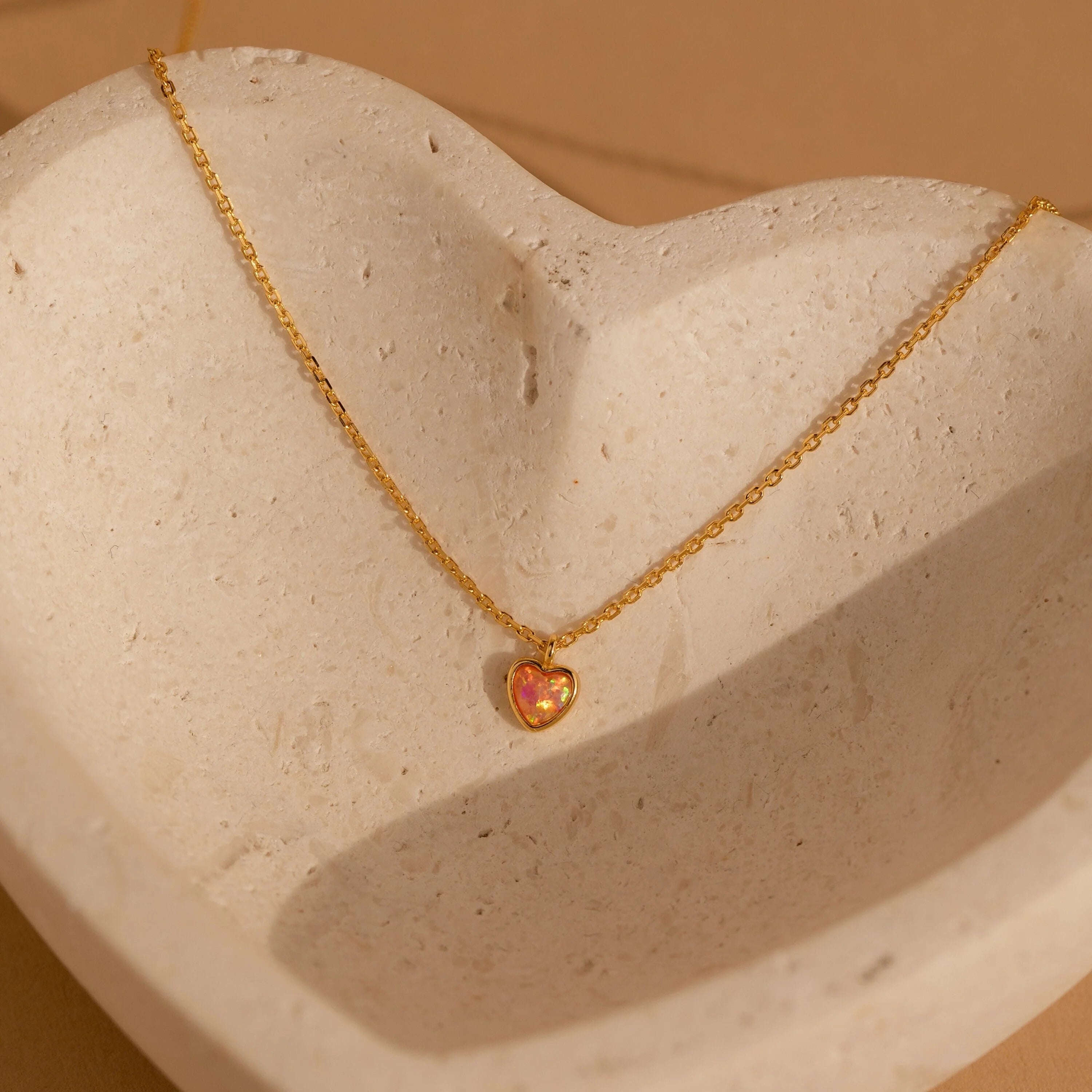 Pink Opal Heart Necklace Silver 18K Gold Plated