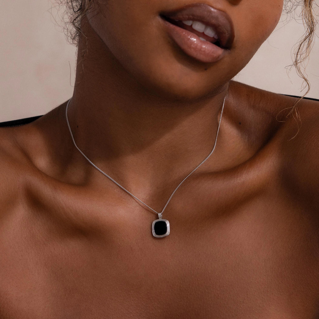 Square Onyx Necklace Silver 18K Gold Plated