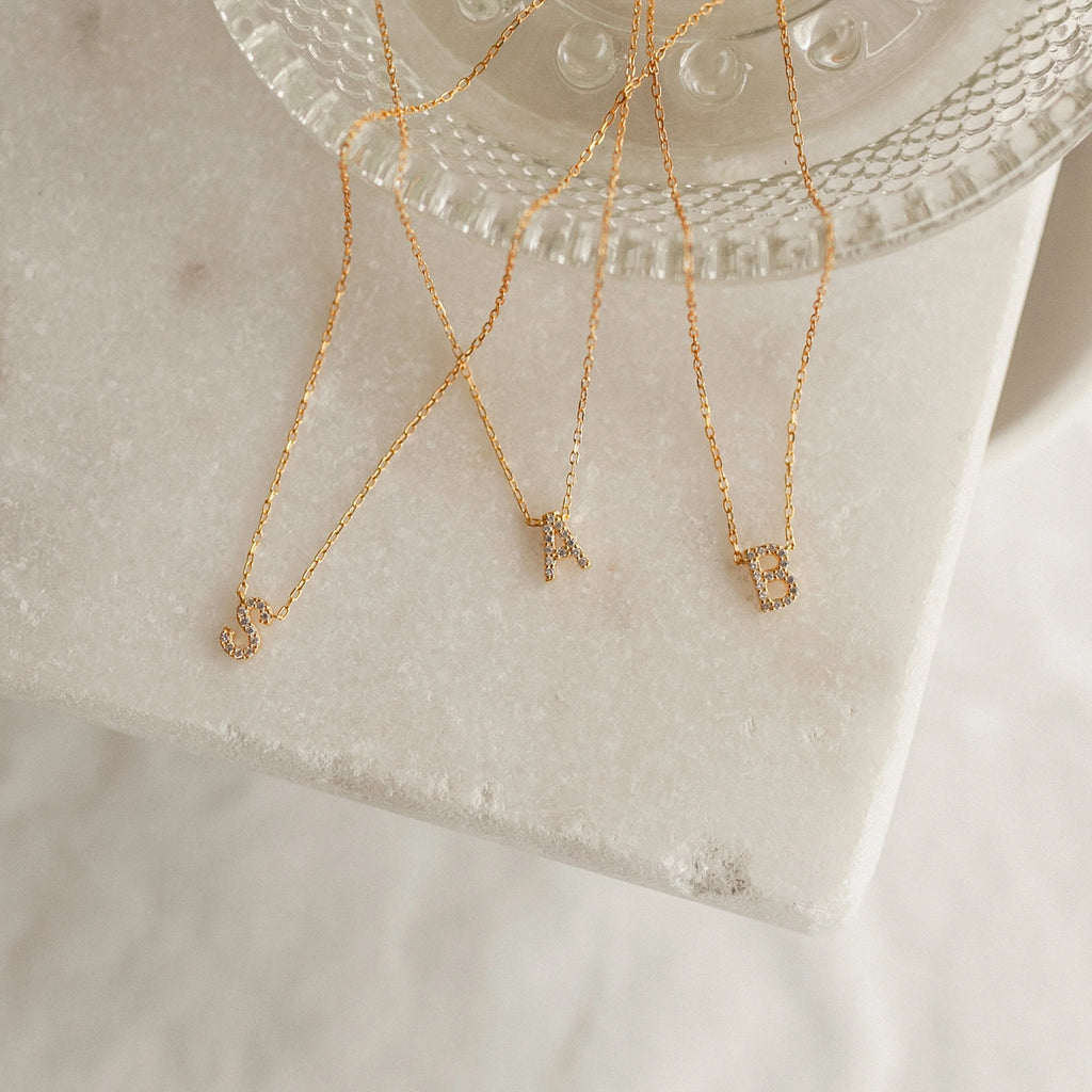 Pave Initial Necklace Silver 18K Gold Plated