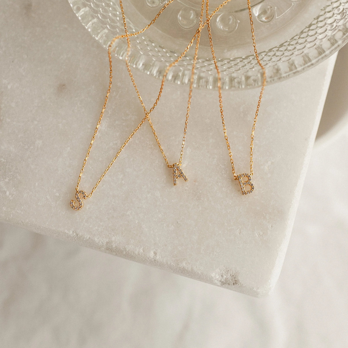Pave Initial Necklace Silver 18K Gold Plated