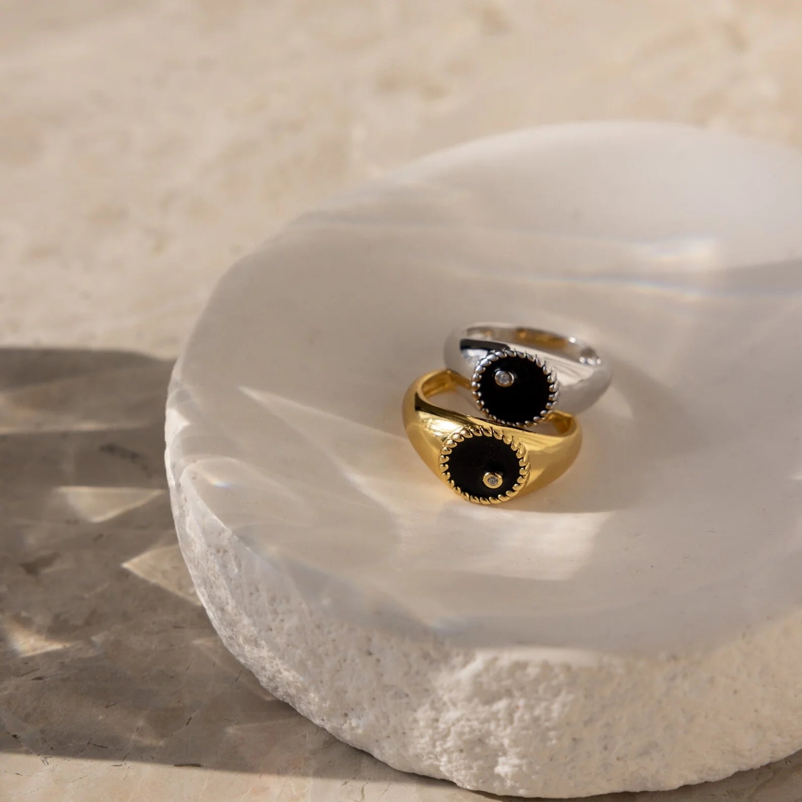 Black Enamel Signet Ring Silver 18K Gold Plated