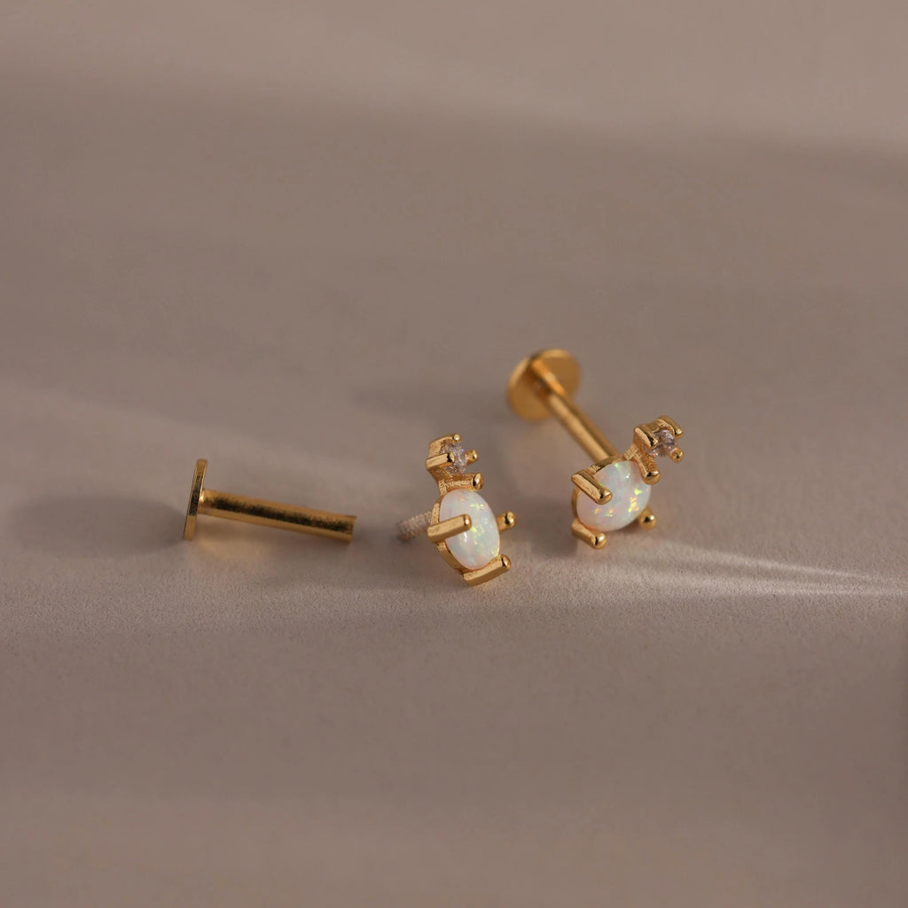 Opal & Diamond Flatback Studs Silver 18K Gold Plated
