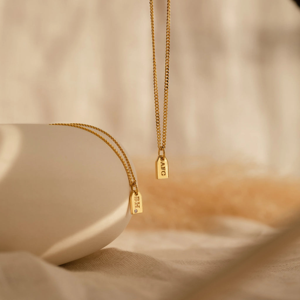 Tiny Initial Tag Necklace Silver 18K Gold Plated