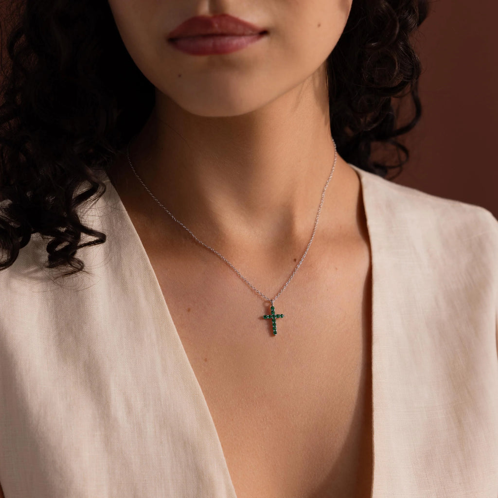 Emerald Pave Cross Necklace Silver 18K Gold Plated